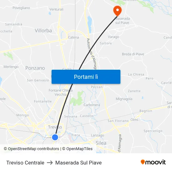 Treviso Centrale to Maserada Sul Piave map