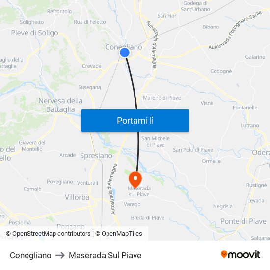 Conegliano to Maserada Sul Piave map