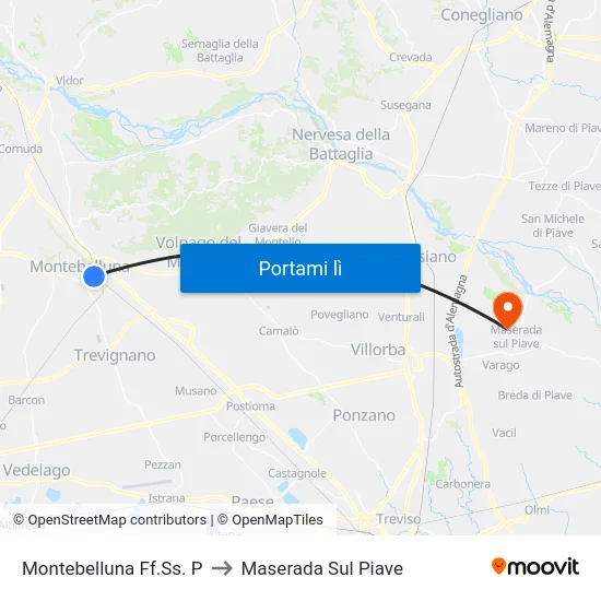 Montebelluna Ff.Ss. P to Maserada Sul Piave map