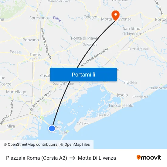 Piazzale Roma (Corsia A2) to Motta Di Livenza map