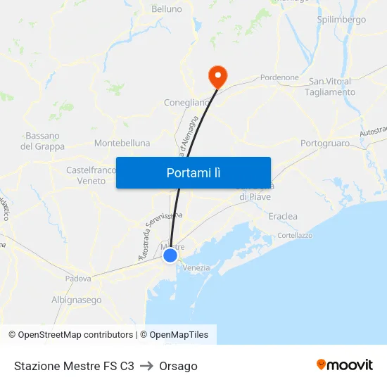 Stazione Mestre FS C3 to Orsago map
