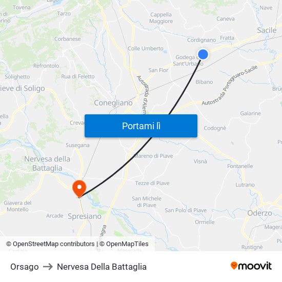 Orsago to Nervesa Della Battaglia map