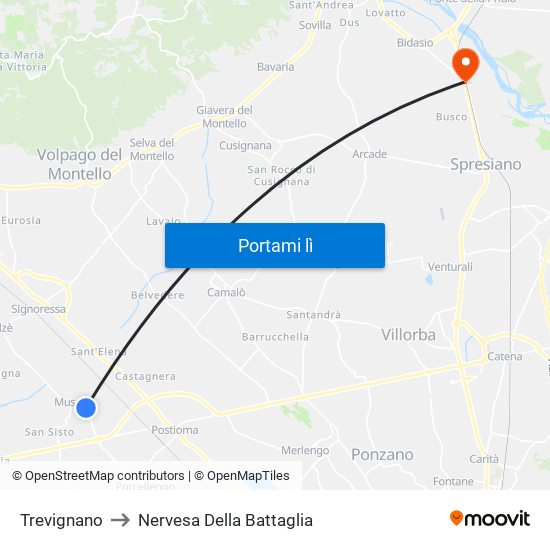 Trevignano to Nervesa Della Battaglia map