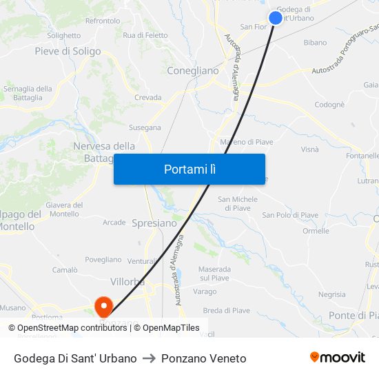 Godega Di Sant' Urbano to Ponzano Veneto map