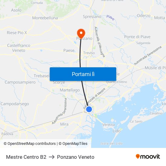 Mestre Centro B2 to Ponzano Veneto map