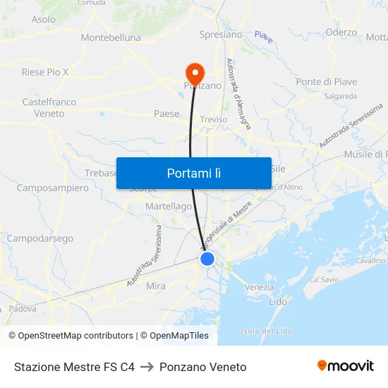 Stazione Mestre FS C4 to Ponzano Veneto map