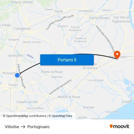 Villorba to Portogruaro map
