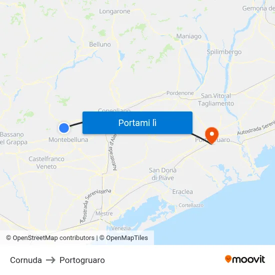 Cornuda to Portogruaro map