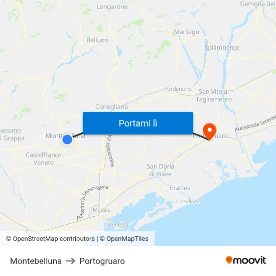 Montebelluna to Portogruaro map