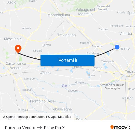 Ponzano Veneto to Riese Pio X map