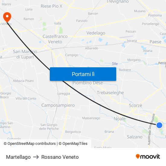 Martellago to Rossano Veneto map