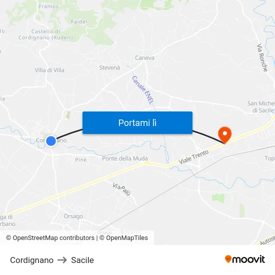 Cordignano to Sacile map