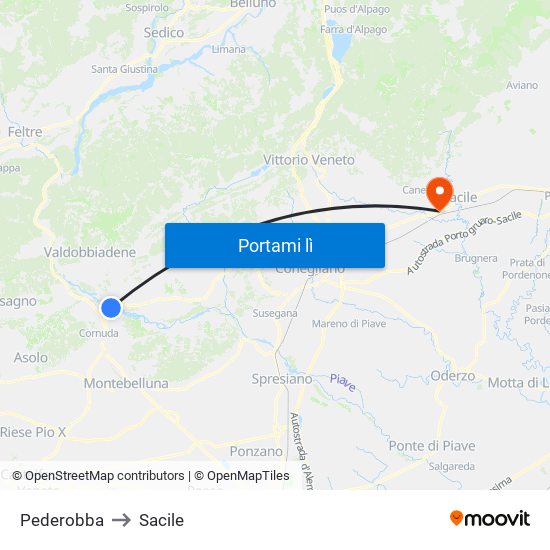 Pederobba to Sacile map