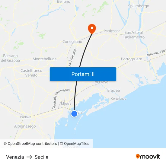 Venezia to Sacile map