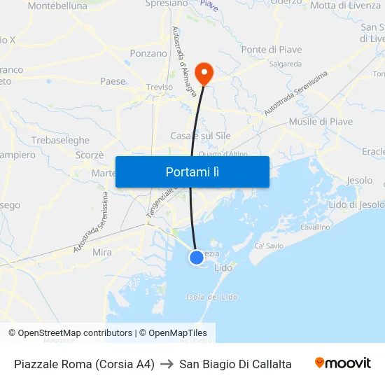 Piazzale Roma (Corsia A4) to San Biagio Di Callalta map