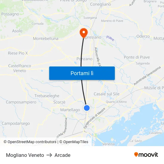 Mogliano Veneto to Arcade map