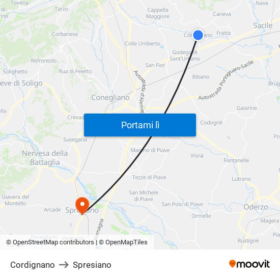 Cordignano to Spresiano map