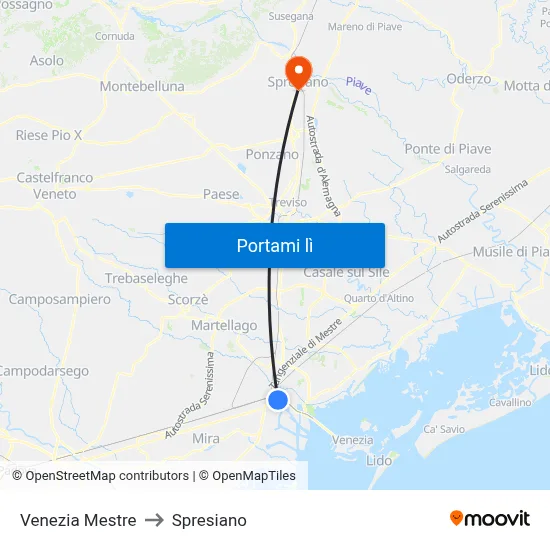 Venezia Mestre to Spresiano map