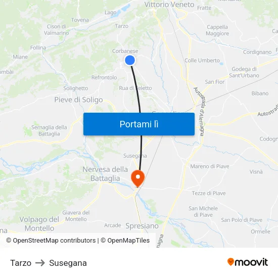 Tarzo to Susegana map