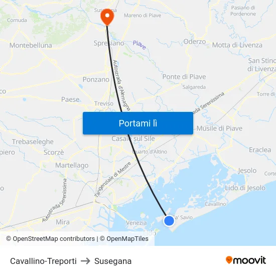Cavallino-Treporti to Susegana map