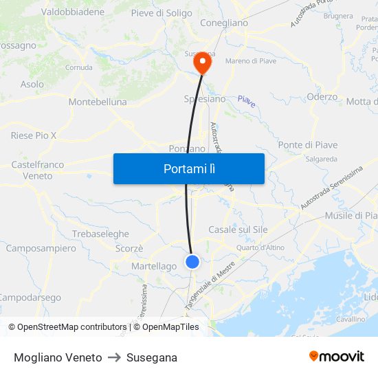 Mogliano Veneto to Susegana map