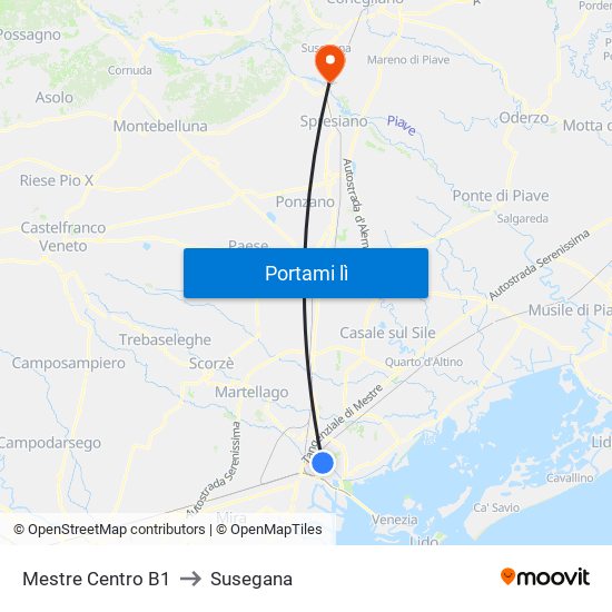 Mestre Centro B1 to Susegana map