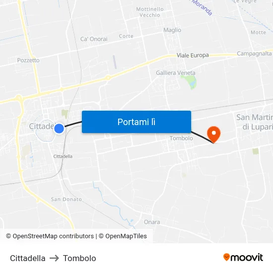 Cittadella to Tombolo map