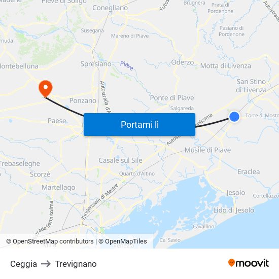 Ceggia to Trevignano map