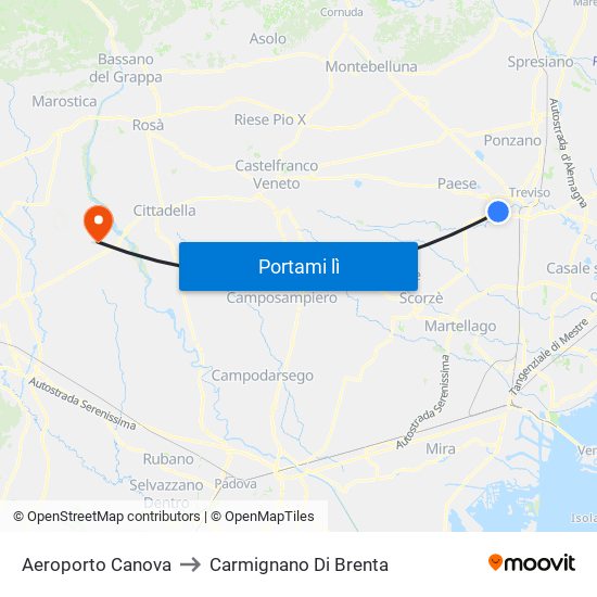 Aeroporto Canova to Carmignano Di Brenta map