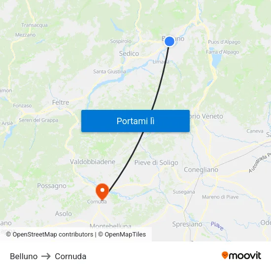 Belluno to Cornuda map