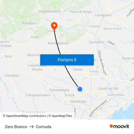 Zero Branco to Cornuda map