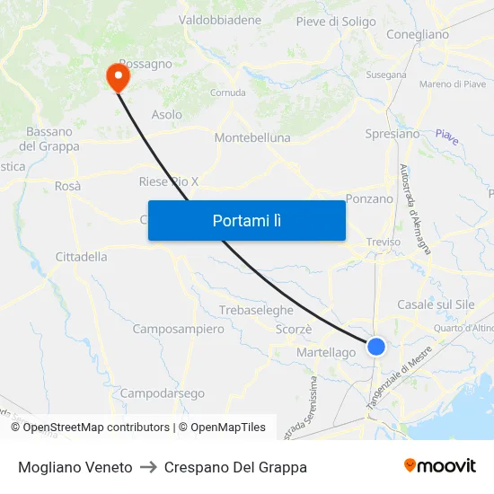 Mogliano Veneto to Crespano Del Grappa map