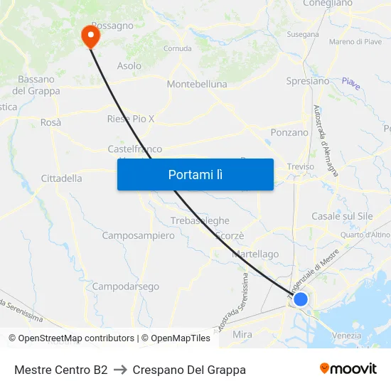 Mestre Centro B2 to Crespano Del Grappa map