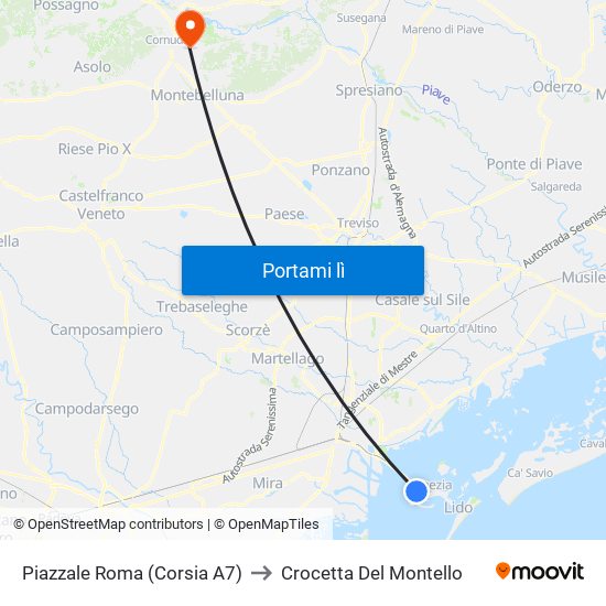 Piazzale Roma (Corsia A7) to Crocetta Del Montello map