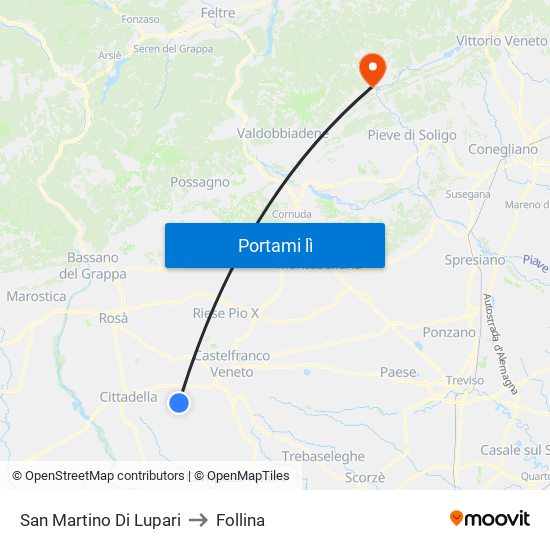 San Martino Di Lupari to Follina map