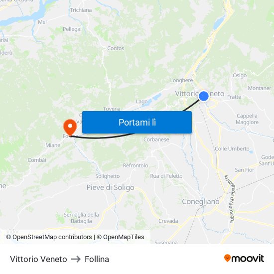 Vittorio Veneto to Follina map