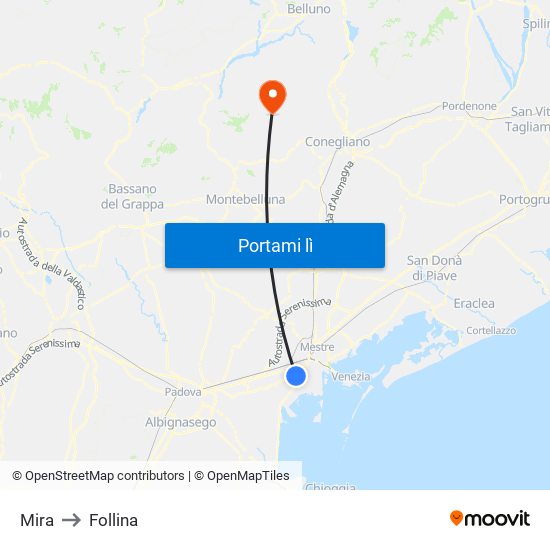 Mira to Follina map