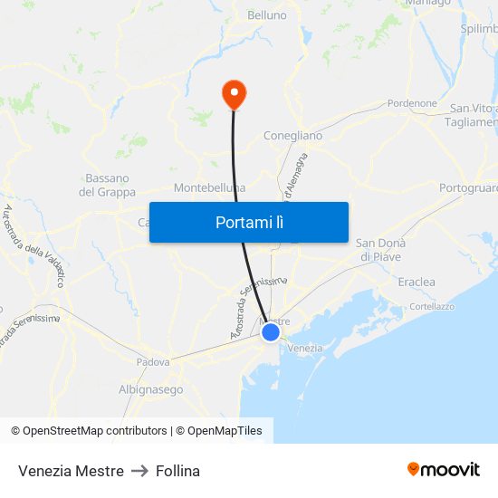 Venezia Mestre to Follina map