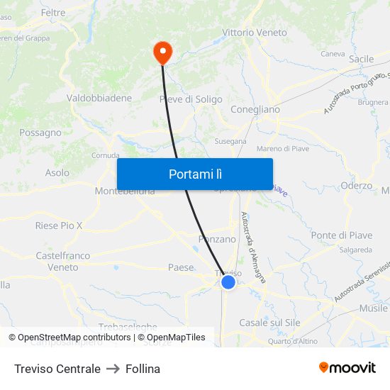 Treviso Centrale to Follina map