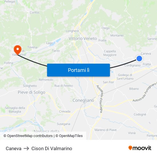 Caneva to Cison Di Valmarino map
