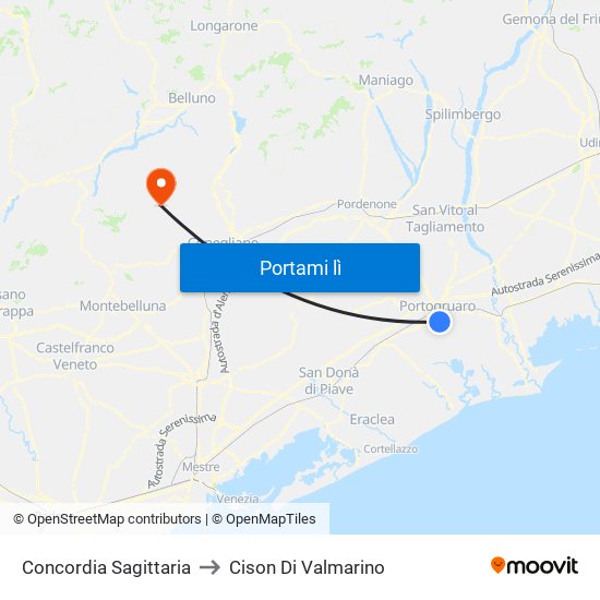 Concordia Sagittaria to Cison Di Valmarino map