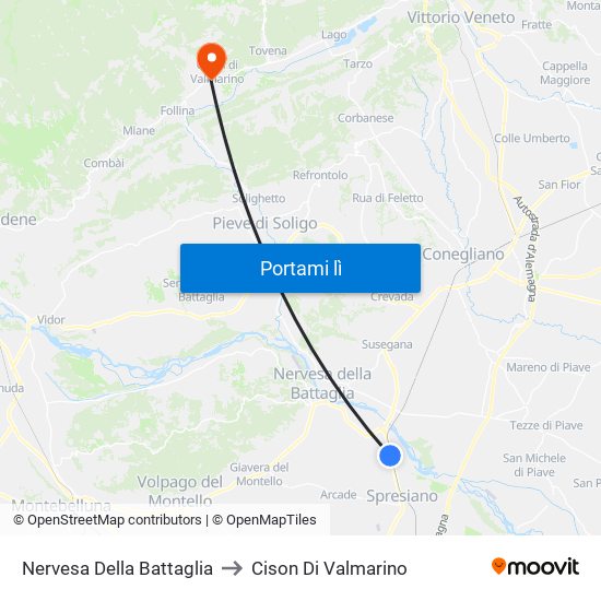 Nervesa Della Battaglia to Cison Di Valmarino map