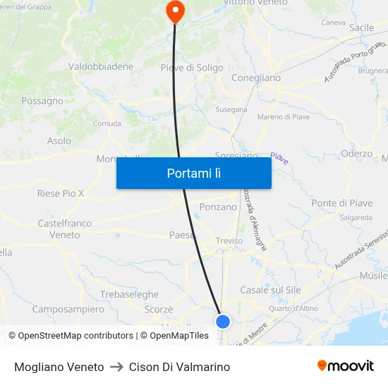 Mogliano Veneto to Cison Di Valmarino map
