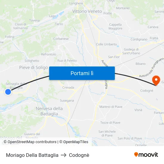 Moriago Della Battaglia to Codognè map