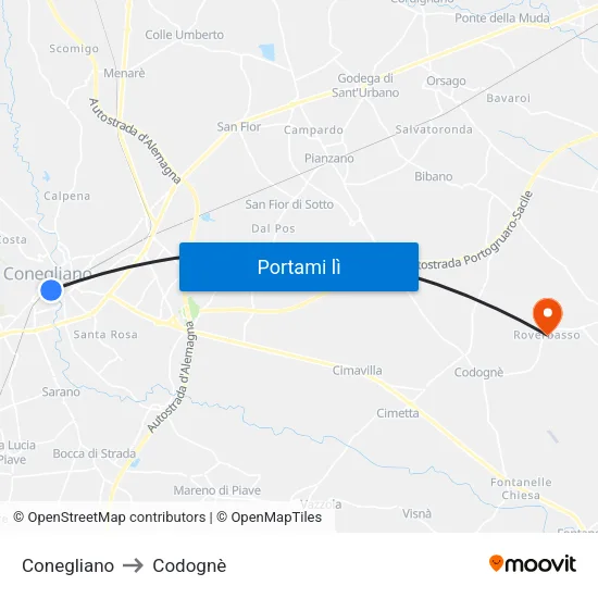 Conegliano to Codognè map
