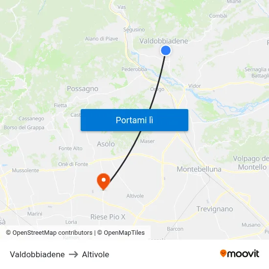 Valdobbiadene to Altivole map