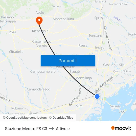 Stazione Mestre FS C3 to Altivole map