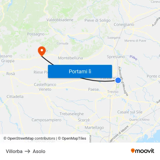 Villorba to Asolo map