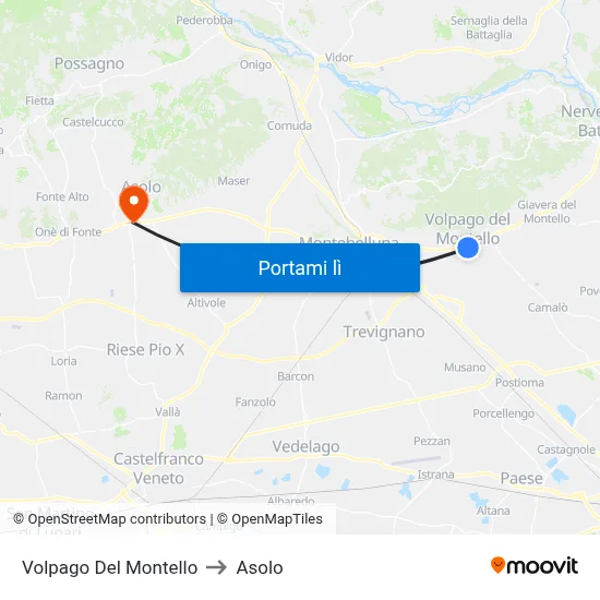 Volpago Del Montello to Asolo map
