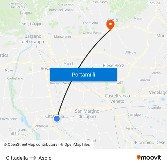 Cittadella to Asolo map